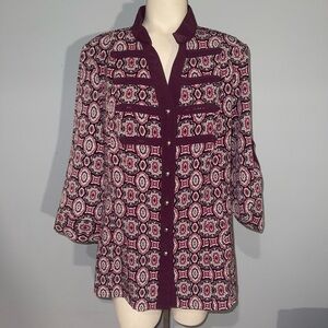 Kathy Che Stretch burgundy patterned 3/4 sleeve blouse top shirt woman’s large